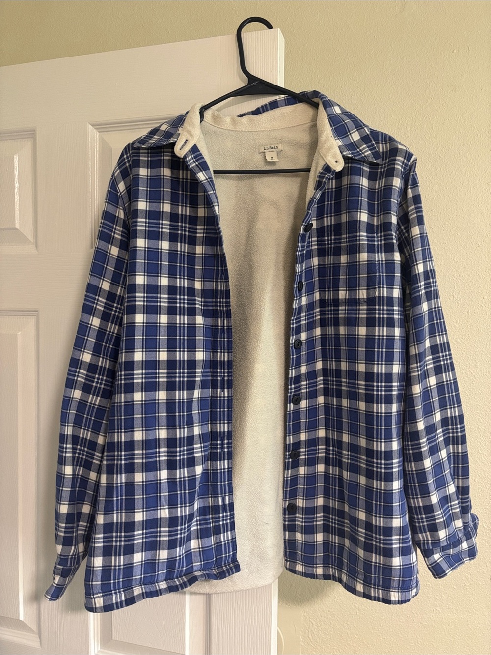 L.L. Bean Blue and White Plaid Sherpa-Lined Shirt Jacket